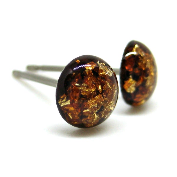 Caramel Brown Gold Flake Stud Earrings | Surgical Steel or Hypoallergenic Titanium Posts, Handmade in Canada