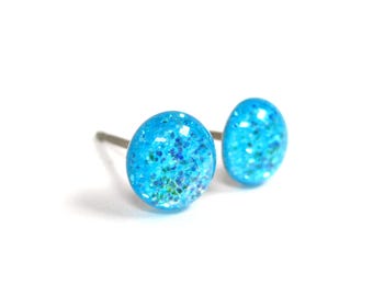 Paragon Sky Blue Glitter Titanium Stud Earrings | Hypoallergenic Pure Titanium Posts, Handmade in Canada