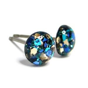 Mermaid Blue Green & Gold Glitter Stud Earrings | Surgical Steel or Hypoallergenic Titanium Posts, Handmade in Canada