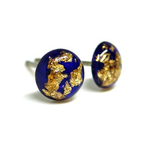 Royal Blue Gold Flake Stud Earrings | Surgical Steel or Hypoallergenic Titanium Posts, Handmade in Canada