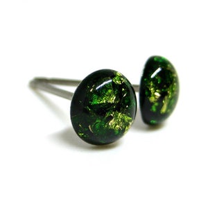 Dark Forest Green Gold Flake Stud Earrings | Surgical Steel or Hypoallergenic Titanium Posts, Handmade in Canada