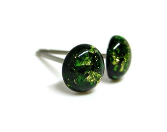 Dark Forest Green Gold Flake Stud Earrings | Surgical Steel or Hypoallergenic Titanium Posts, Handmade in Canada