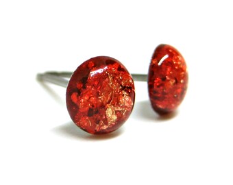 Watermelon Red Gold Flake Stud Earrings | Surgical Steel or Hypoallergenic Titanium Posts, Handmade in Canada