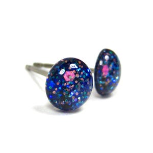 Blue Galaxy Glitter Titanium Stud Earrings | Hypoallergenic Titanium Posts, Handmade in Canada
