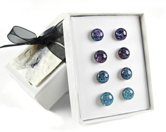 Cosmic Galaxy Glitter Stud Earring Set | Surgical Steel or Hypoallergenic Titanium Posts, Handmade in Canada