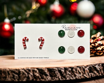 Candy Cane Stud Earrings Set | Surgical Steel or Hypoallergenic Titanium Posts, Handmade in Canada