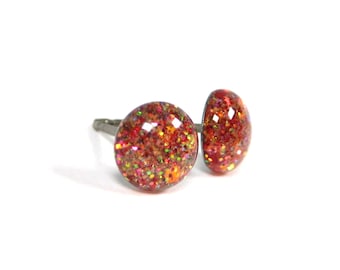 Kiss of Zinnia Orange Glitter Titanium Stud Earrings: Hypoallergenic Handmade Jewelry