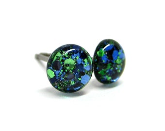 Oasis Blue & Green Glitter Stud Earrings | Surgical Steel or Hypoallergenic Titanium Posts, Handmade in Canada