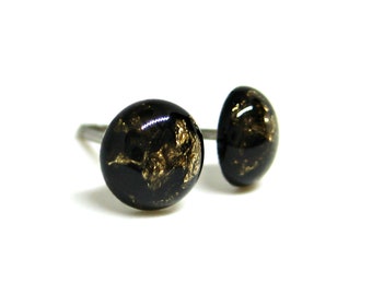 Black Currant Gold Flake Stud Earrings | Surgical Steel or Hypoallergenic Titanium Posts, Handmade in Canada
