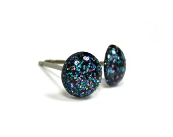 Black Abyss Glitter Titanium Stud Earrings | Hypoallergenic Titanium Posts, Handmade in Canada