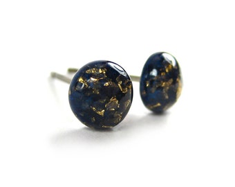 Darkstar Blue Gold Flake Stud Earrings | Surgical Steel or Hypoallergenic Titanium Posts, Handmade in Canada