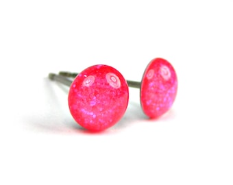 Neon Pink Glitter Stud Earrings | Surgical Steel or Hypoallergenic Titanium Posts, Handmade in Canada