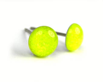 Neon Yellow Glitter Stud Earrings | Surgical Steel or Hypoallergenic Titanium Posts, Handmade in Canada