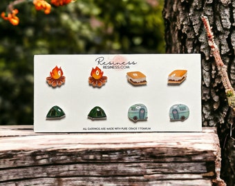 Camping Themed Stud Earrings Set | Surgical Steel or Hypoallergenic Titanium Posts, Handmade in Canada