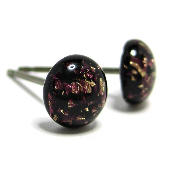 Dark Violet Purple Gold Flake Stud Earrings | Surgical Steel or Hypoallergenic Titanium Posts, Handmade in Canada