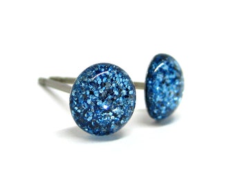 Glacier Flames Blue Glitter Stud Earrings | Surgical Steel or Hypoallergenic Titanium Posts, Handmade in Canada