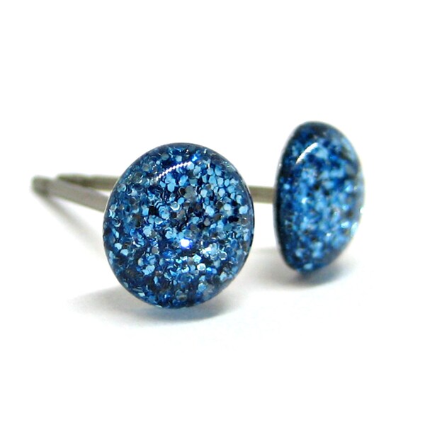 Glacier Flames Blue Glitter Stud Earrings | Surgical Steel or Hypoallergenic Titanium Posts, Handmade in Canada
