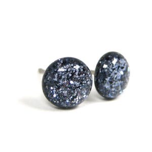 Gunmetal Blue Glitter Titanium Stud Earrings | Hypoallergenic Pure Titanium Posts, Handmade in Canada