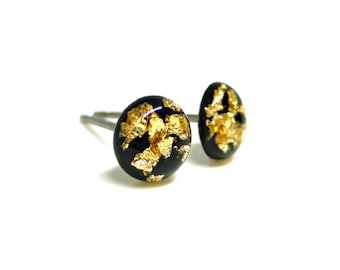 Black Gold Flake Stud Earrings | Surgical Steel or Hypoallergenic Titanium Posts, Handmade in Canada