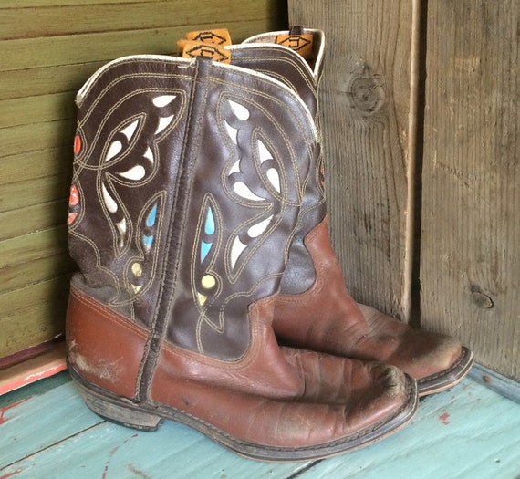 Vintage Cowboy Boots, Brown Leather, Multi Colored