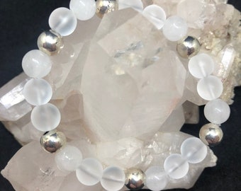 Clear Quartz & White Jade Beaded Bracelet with silver