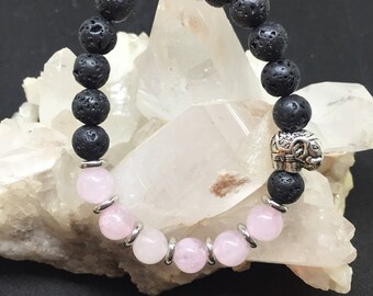 Lava Stone and Rose Quartz with Silver Elephant Beaded bracelet.