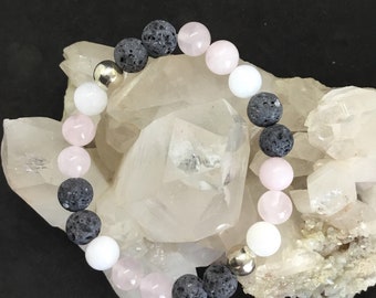 Rose quartz, White Jade & unpolished lava stone bracelet