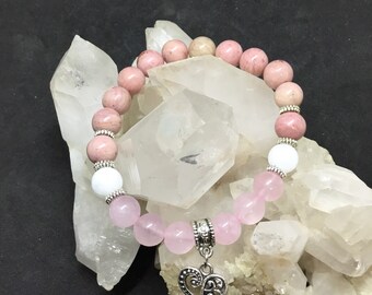 Rose quartz, White Jade & Rhodochrosite bracelet with silver heart