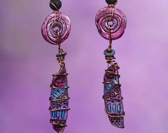 Rustic tribal clay earrings with clay disc beads and tribal dangles plus Labradorite on copper wire OAK