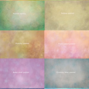 Peut inclure: Un collage numérique de dix fonds de couleur pastel avec des étiquettes de texte décrivant chaque couleur. Les couleurs incluent le pastel fleurs de printemps, le pastel jonquille, le pastel printemps, le pastel jaune, le pastel pêche, le pastel salade de fruits, le pastel rose bébé, le pastel bleu crème, le pastel bleu poudre et le pastel bleu humeur.