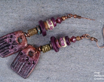 Rustic tribal one of a kind earrings with handmade clay components, Czech glass and ceramic disc beads on copper wire OOAK