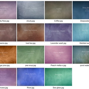 Könnte beinhalten: Eine Collage aus 16 verschiedenen digitalen Hintergründen mit unterschiedlichen Texturen und Farben. Die Hintergründe sind mit beschreibenden Titeln wie "Zuckerwatte-Textur", "Wolkentextur", "Kaffee", "Tiefes Wasser", "Träume", "Eistee-Textur", "Lavendelwäsche", "Marmorierte See", "Orangensaft", "Erbsensuppe-Textur", "Pfirsich Melba", "Teichwasser", "Prinzessinnen-Textur", "Flusstextur", "Seetang", und "Seetang" benannt.