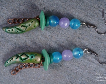 Rustic tribal earrings with polymer clay horns and Norse Othala rune , plus agate beads