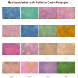 May include: A digital collection titled Floral Dreams Texture Pack by Angi Wallace Creative Photography, featuring sixteen rectangular swatches with soft, blended, painterly textures in various colors including blue, green, pink, orange, and purple.