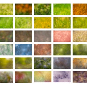 May include: A grid of 28 abstract images with blurred backgrounds. The images feature a variety of colors, including green, orange, brown, and blue. The overall effect is soft and dreamlike, suggesting natural textures and landscapes.