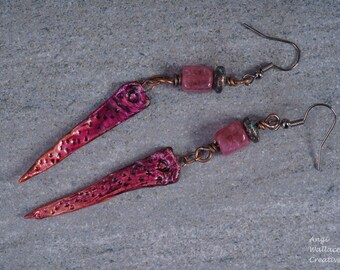Rustic tribal clay earrings with Strawberry quartz and patina ceramic disc beads and  handmade clay spikes on copper wire OAK