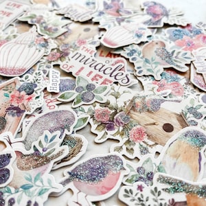 Éphémères avec paillette découpés pour le bricolage, le scrapbooking et la fabrication de cartes - Collection Birds & Berries
