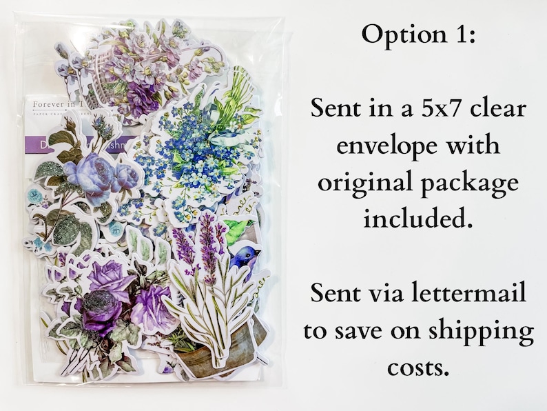 Floral Die Cut Embellish, Glitter Ephemera for paper crafts, flower embellishment for scrapbooking, card making, lavender bird cardstock Option 1: Lettermail