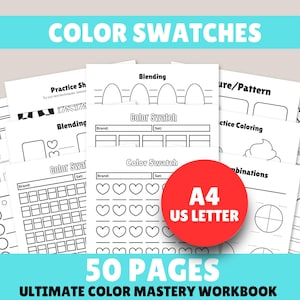 Puede incluir: Un libro de ejercicios de 50 páginas para el dominio del color con hojas blancas y contornos negros para muestras de color, mezclas y patrones. Las páginas incluyen secciones etiquetadas como Color Swatch, Blending y Practice Coloring, con un círculo rojo que indica A4 US LETTER.