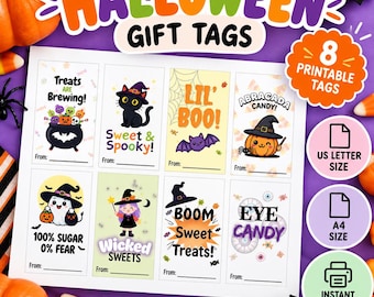 May include: A printable sheet of eight rectangular Halloween gift tags featuring colorful illustrations of ghosts, cats, bats, and pumpkins with text including Treats Are Brewing, Sweet & Spooky, Lil' Boo, Abracada Candy, 100% Sugar 0% Fear, Wicked Sweets, Boom Sweet Treats, and Eye Candy.