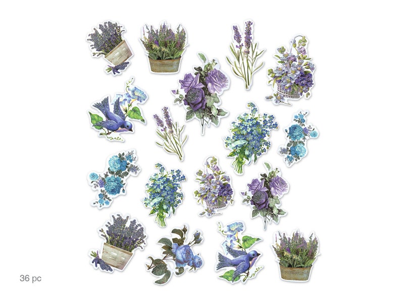 K&ouml;nnte beinhalten: Ein Set mit 36 blauen und violetten Blumenaufklebern mit Lavendel, Vergissmeinnicht und Rosen. Die Aufkleber sind perfekt, um Ihren Bastelarbeiten und Projekten einen Hauch von Vintage-Charme zu verleihen.