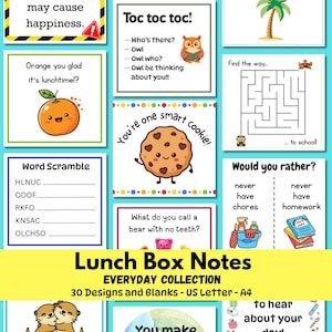 Notas imprimibles para la lonchera de los niños, Notas para la lonchera, Notas para el almuerzo infantil, Notas para el almuerzo escolar, Notas de ánimo, Imprimibles para la vuelta al cole