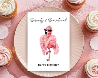 Siebziger Flamingo Geburtstagskarte Frau Meilenstein 70. Gruß Elegantes Aquarell Design Lustig 70 Ihre Glamouröse Feier Chic