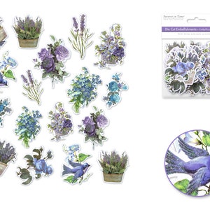K&ouml;nnte beinhalten: Eine Bogen mit 36 ausgestanzten Verzierungen mit Lavendelbl&uuml;ten, blauen V&ouml;geln und Blumenarrangements in Lila- und Blaut&ouml;nen. Die Verzierungen sind perfekt f&uuml;r Scrapbooking, Kartenherstellung und andere Bastelprojekte.