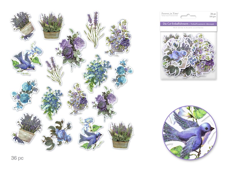 K&ouml;nnte beinhalten: Eine Bogen mit 36 ausgestanzten Verzierungen mit Lavendelbl&uuml;ten, blauen V&ouml;geln und Blumenarrangements in Lila- und Blaut&ouml;nen. Die Verzierungen sind perfekt f&uuml;r Scrapbooking, Kartenherstellung und andere Bastelprojekte.