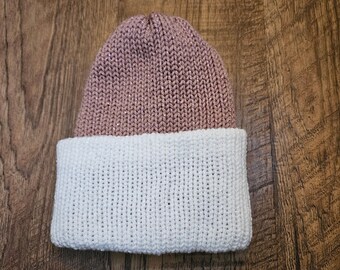 Reversible Beanie Sparkly White and Dusty Pink, Knit, Finished Item, Winter Hat