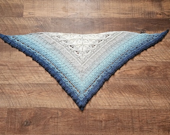 Crochet Triangle Shawl, Blue, Gray, and White Ombre, Finished Item, Handmade Scarf