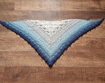 Crochet Triangle Shawl, Blue, Gray, and White Ombre, Finished Item, Handmade Scarf
