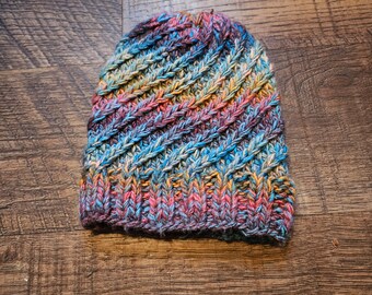 Rainbow Swirl Knit Beanie, Finished Item, Winter Hat