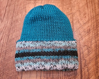 Reversible Beanie Turquoise Blue, Gray, and Black, Knit, Finished Item, Winter Hat
